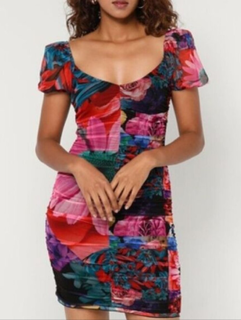 NWT Desigual Marsella Floral Ruched Mini Dress Mesh Size S $145 Retail